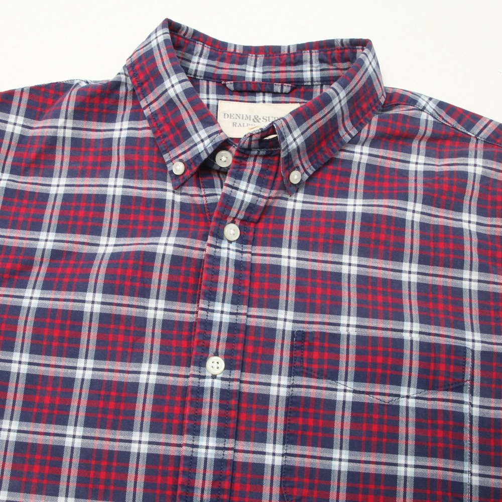 Denim & Supply Ralph Lauren Shirt Mens Medium Red Blue Plaid Short Sleeve Button